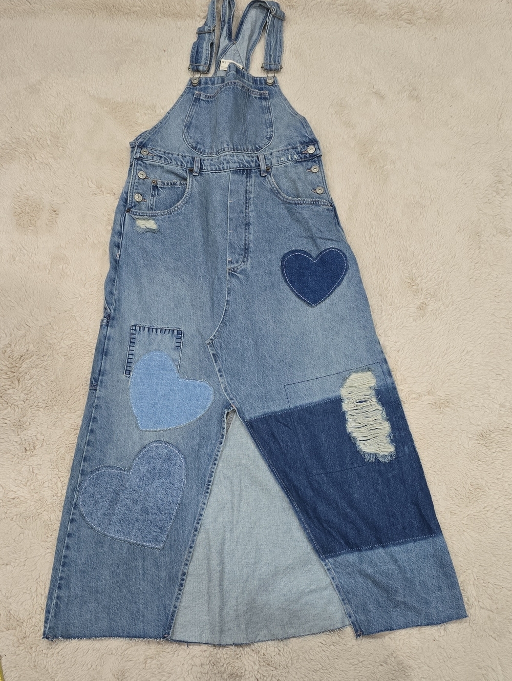 We The Free Blue Patchwork Heart Denim Overalls Skirt